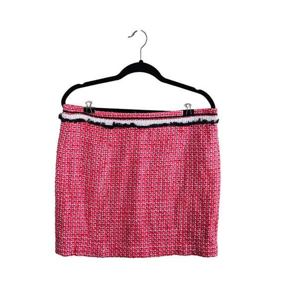 Tory Burch Dresses & Skirts - Womens Tory Burch Pink White Tweed Skirt Size 12 Navy Blue Fringe Zip Back